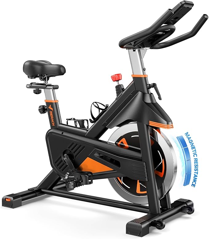 Merach Exercise Bike for Home Gym, Low Noise Stationary Bike with Brake Pad, Indoor Workout Bike with Self-Developed App, Tablet Mount and Fitness Courses for Weight Loss, 300 Lb Weight Capacity