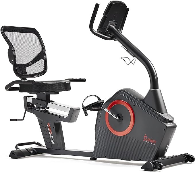 Sunny Health & Fitness Smart Recumbent Bike with Pulse Sensors, Home Cycling Workout Machine w/Cushion Seat & Mesh-Backrest, Free SunnyFit App Connection, Optional Programmable & Electro-Magnetic