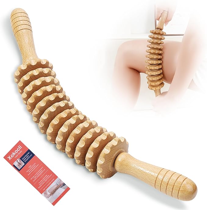 Wood Cellulite Massage Roller Wood Therapy Massage Tools Body Roller Fascia Blaster Lymphatic Drainage Massager for Legs Thighs Muscle Pain Relief(White 12-Wheel)