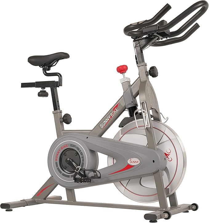 Sunny Health & Fitness Indoor Cycling Exercise Bike w/Pulse Sensors & 4-Way Adjustable Seat, Stationary Home Cardio Training Machine w/Micro-Adjustable Magnetic Resistance for Intensive Cardio Session