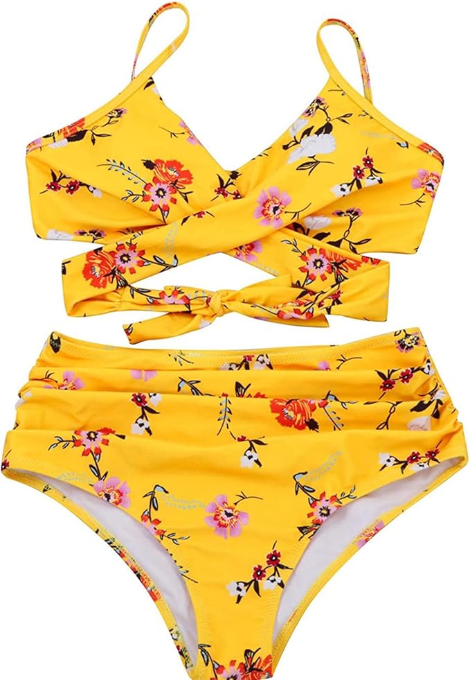 Womens Front Cross Ruched Bikini Set Twist Wrap Swimwear High Waisted Bottoms Print Straps Push Up Swimsuits