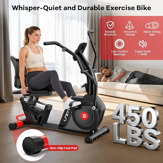Recumbent Exercise Bike for Home, Stationary Bike with Arm Exerciser, 16-Level Magnetic Resistance, Bluetooth App, LCD Monitor, Heart Rate, Heavy-Duty Frame, Low-Impact Cardio & Physical Therapy, 450LBS Capacity