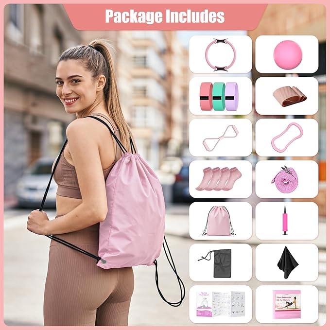 Pilates Kit for Home Workouts - 16 Pack Pilates Ring and Ball Set, Fabric & Rubber Resistance Bands, Figure 8 Stretcher, Yoga Ring & Grip Socks, Complete Pilates Accessories for Full Body Workout