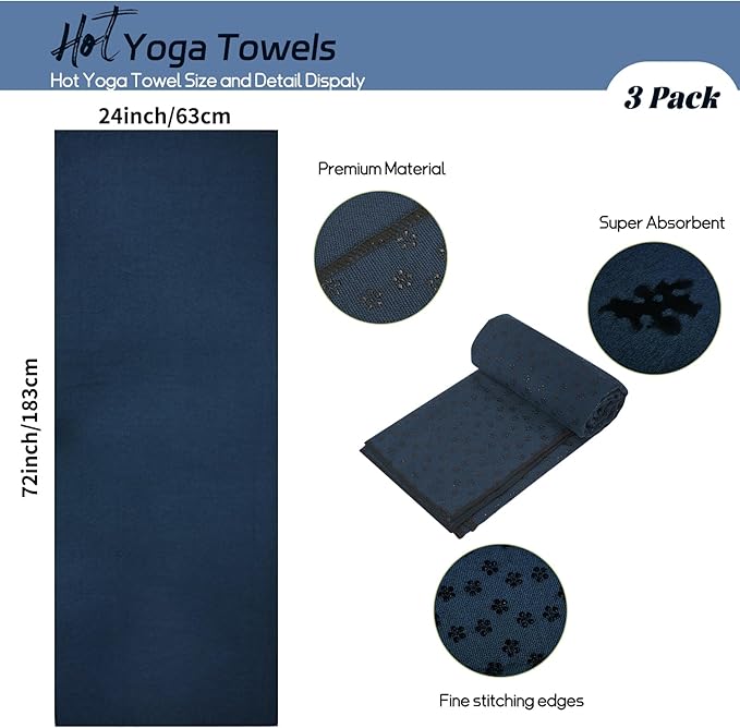 3 Pack Hot Yoga Towels with Plum Blossom Dots, Navy Blue Non-Slip Yoga Mat Towel, Super-Absorbent Soft Suede Microfiber Towel for Hot Yoga, Pilates, Bikram and Exercise Workout(24" x72",Navy Blue)