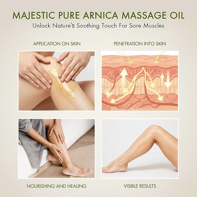 MAJESTIC PURE Arnica Sore Muscle Massage Oil for Massage Therapy-Refreshing & Relaxing-Natural Oils Lavender & Chamomile Essential Oils-All Skin Types- Men & Women Massage Lotion- 8 fl oz (Pack of 2)
