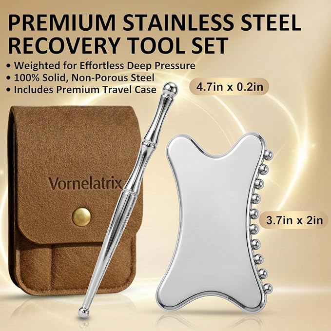 Stainless Steel Gua Sha & Muscle Scraper Tool Set – 2-in-1 Manual Deep Tissue Body Massager with Acupressure Pen – Ergonomic Handheld Tool for Myofascial Release, Trigger Points & Mobility