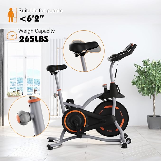 Exercise Bike Indoor Cycling Bike with Digital Display, Heart Rate Sensors, Phone Mount, 265 LBS Weight Capacity