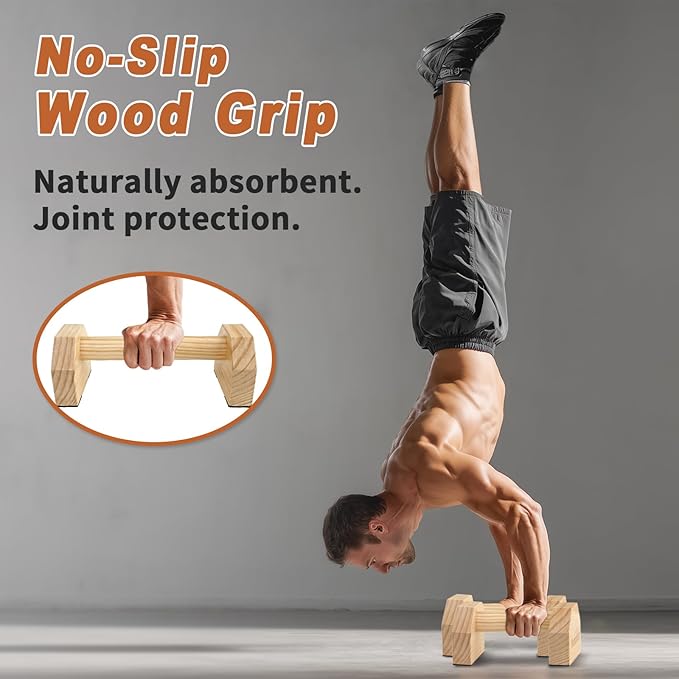 Wooden Parallettes 2 PCS Push Up Stand For Floor Calisthenics Bars Home, Handles Handstand Blocks Beech & Pine Wood Pushup Non-Slip Base Parallel Exercise Equipment For MenTrainers