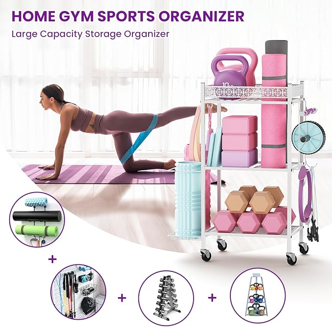 Yoga Mat Storage Rack, Home Gym Storage Rack, VOPEAK Workout Storage for Yoga Mat, Foam Roller, Gym Organizer Gym Equipment Storage for Home Exercise and Fitness Gear