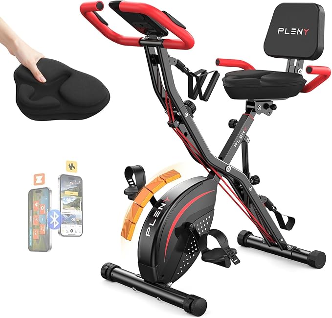 Pleny Folding Exercise Bike, 5 IN 1 Stationary Bikes for Home 6.6 LBS Flywheel, 330LB Weight Capacity Back Support Cushion Indoor Workout Cycling Bike for Home Gym
