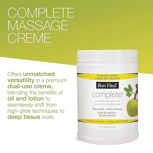 Bon Vital Complete Massage Creme, 1/2-Gallon, Unscented Non-Greasy Cream with Marula, Olive & Jojoba Oils, Hypoallergenic Moisturizer for Professional & Home Use, Premium Dual-Purpose, Massage Therapy