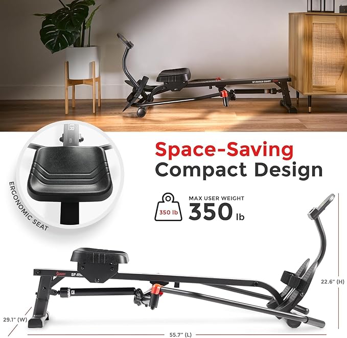 Sunny Health & Fitness Full-Motion Rowing Machine w/Adjustable Resistance, Low-Impact Full-Body Workout Rower w/Long Slide Rail, Space-Saving Design, Free SunnyFit App Connection