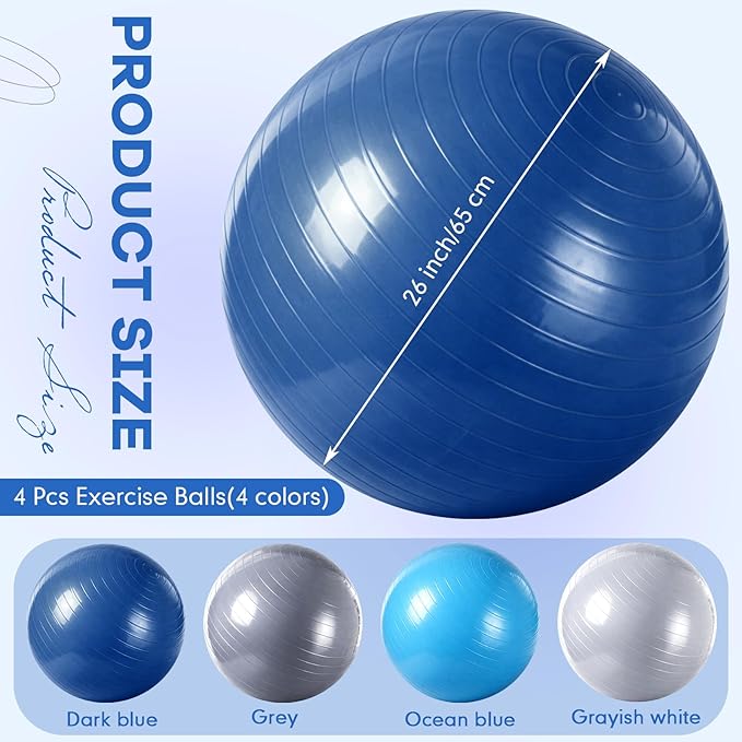 Leyndo 4 Pcs 26 Inch Yoga Exercise Ball Pilates Pregnancy Birthing Fitness Ball with Quick Pump Anti Burst for Improved Posture, Balance, Yoga, Pilates, Training