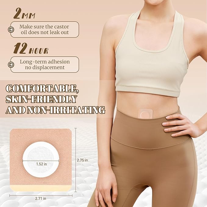 48Pcs Castor Oil Patches, Organic Cotton Castor Oil Pack Wrap Breathable, Self-Adhesive Pads for Belly Button Patch Portable, Anti Leakage No Wash