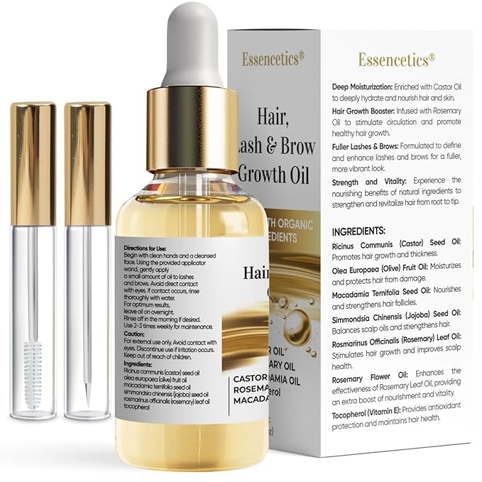 Castor Oil Organic Cold Pressed Unrefined Glass Bottle, Eyebrow Eyelash Growth Serum, Hexane-Free, Pure Rosemary, Macadamia Infused Oils for Hair and Scalp Growth, Natural Brow Lash Oil 2oz
