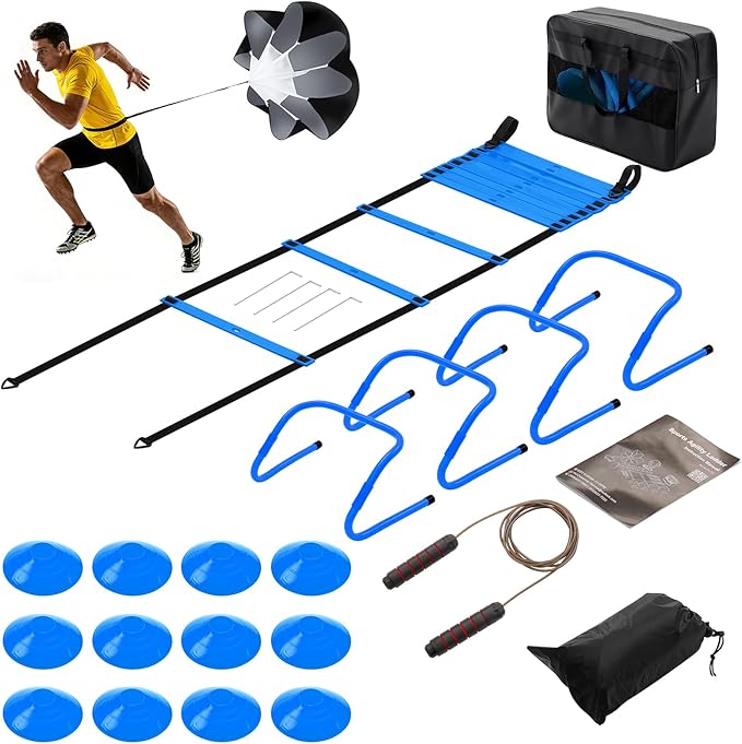 OLIXIS Soccer Agility Training Equipment Set- 20 ft Speed Ladder, 12 Soccer Cones, 4 Agility Hurdles, Jump Rope, Resistance Parachute Speed Training Equipment for Kids, Youth, Adults