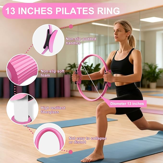 Pilates Kit for Women, Pilates Equipment with 13'' Magic Circle, Pilates Ring and Ball Set with 5 Strength Bands, Hip Thrust Belt, Compact Workout Set at Home