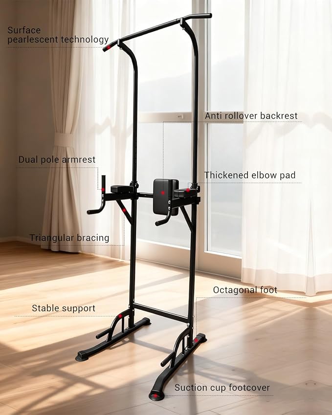 Power Tower Pull Up Bar Station, Height Adjustable Free Standing Dip Station, Home Strength Training Fitness Workout Equipment for Home Gym