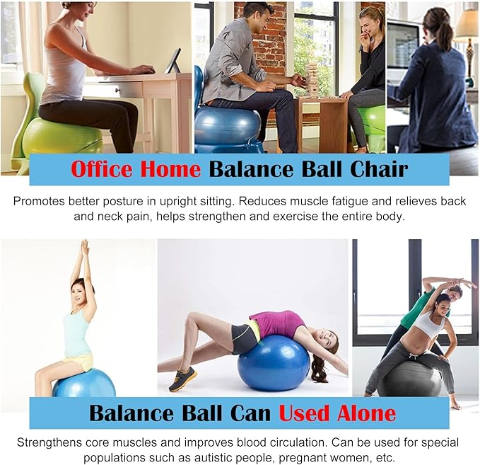 Exercise Ball Chair with Back Support, Black Office Home Yoga Ball Chair for Adults Disabled Pregnancy Balance Fitness Exercise, Ergonomic Anti-Burst Ball Rollling Stool