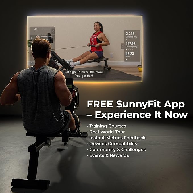 Sunny Health & Fitness Air Strive Smart Rower, Full-Body Training Rowing Machine with Spacious Inseam, Flip-Up Design for Home Gym, Free SunnyFit App Connection, Optional Dual Resistance