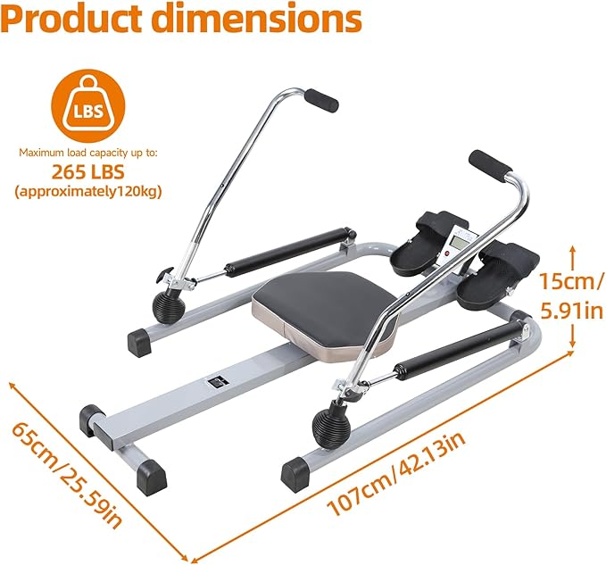 New Home Rowing Machine, Hydraulic Rower with LCD Monitor, Adjustable Resistance up to 110LBS & Large Cushioned Seat, 265LBS Quiet Rowing Machine for Aerobic Exercise Fitness