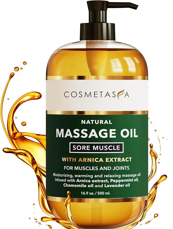 Cosmetasa Sore Muscle Massage Oil for Massage Therapy – All Natural, Cruelty-Free Full Body Massage Oils for Muscle Relaxing & Joint Comfort – Arnica Extract with Chamomile & Lavender Oil (16.9 oz)