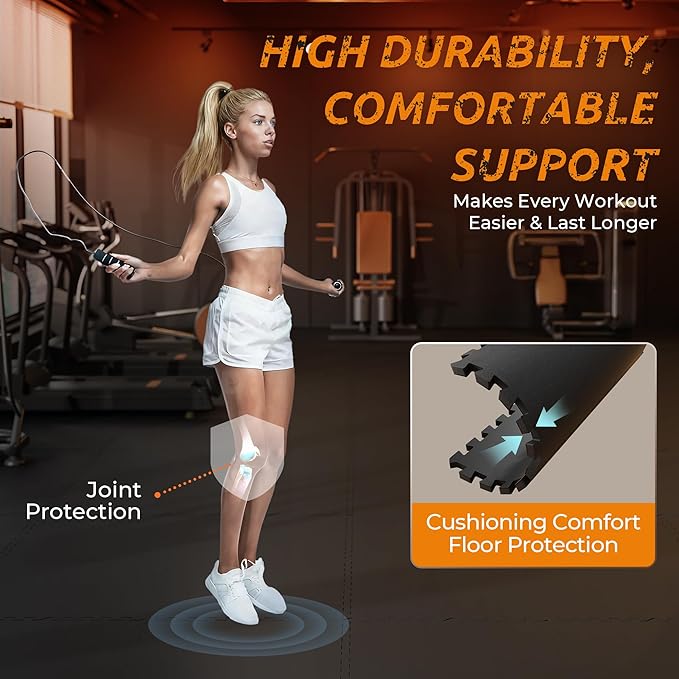 PRAISUN 0.6" Thicker Rubber Top Gym Flooring for Home Gym, 12 Pcs 48 Sq Ft Workout Mats, Exercise Mat, Interlocking Rubber Floor Mats with High Density EVA Foam for Garage, 24 x 24in, Black