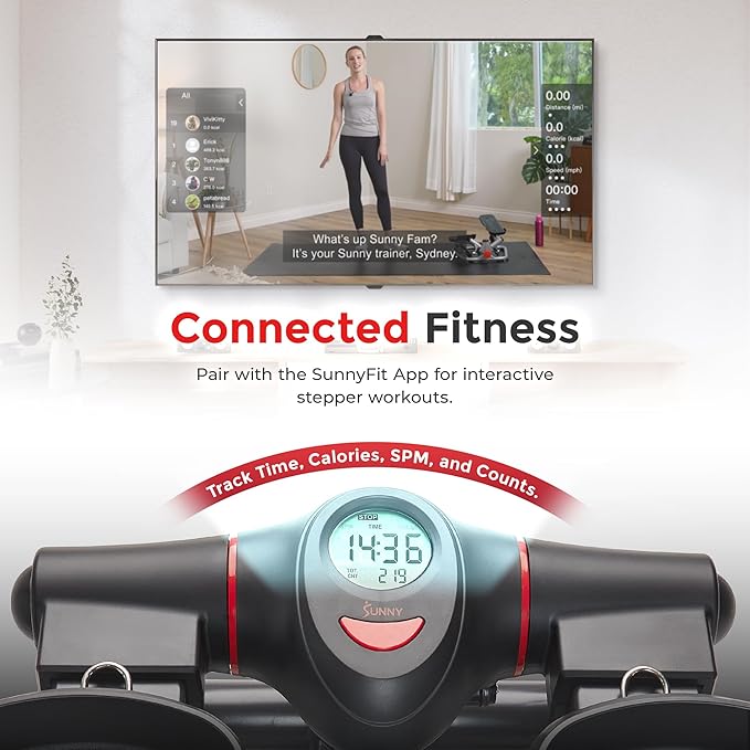 Sunny Health & Fitness 2-in-1 Premium Power Stepper with 400lbs Weight Capacity and Resistance Bands, Low-Impact Cardio, Space-Saving, Height-Adjustable, with Bluetooth and Free SunnyFit App