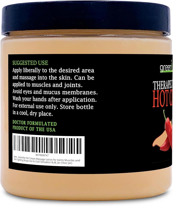 GreenIVe Hot Cream Massage Lotion for Joints Muscles and Skin Tighting Wraps Hot & Cold Sensation Bulk Jar (16oz Jar)