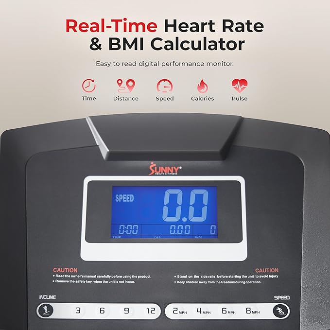 Sunny Health & Fitness Premium Smart Treadmill with Auto Incline, Dedicated Speed Buttons, Digital Performance Display
