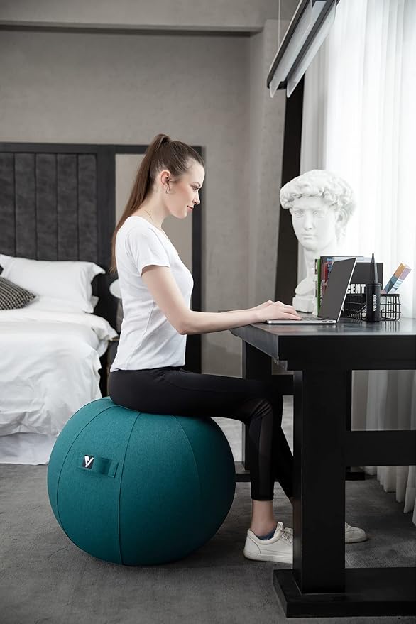 Sitting Ball Chair for Office and Home, Pilates Exercise Yoga Ball with Cover for Balance, Stability and Fitness, Ergonomic Posture Exercise Ball Seat with Handle and Pump