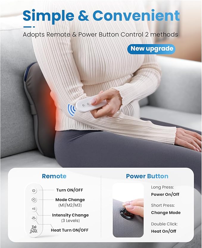 BOB AND BRAD Back Massager with Heat and Remote, EZBack Plus Shiatsu Massage Pillow with 3 Level, Kneading Deep Tissue Massage for Neck, Shoulder, Leg, Upper & Lower Back Pain Relief, FSA Eligible HSA