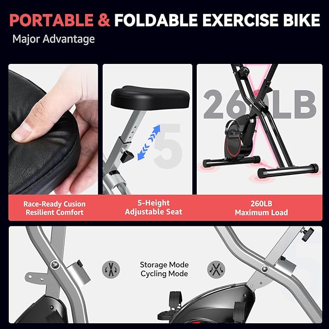 Foldable Exercise Bike for Small Apartments, Stationary Bikes for Home, Indoor Portable Cycling Bike with 16-Level Magnetic Resistance, 260LBS Capacity, 5.5 LBS Flywheel, for Small Space Workout 816