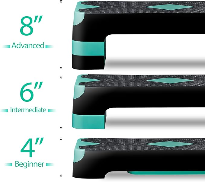 26.5 Inch Aerobic Exercise Step Platform for Home Gym, 4” 6” 8”Adjustable Risers for Step up Fitness Workout, Stepper Step Trainer, Green
