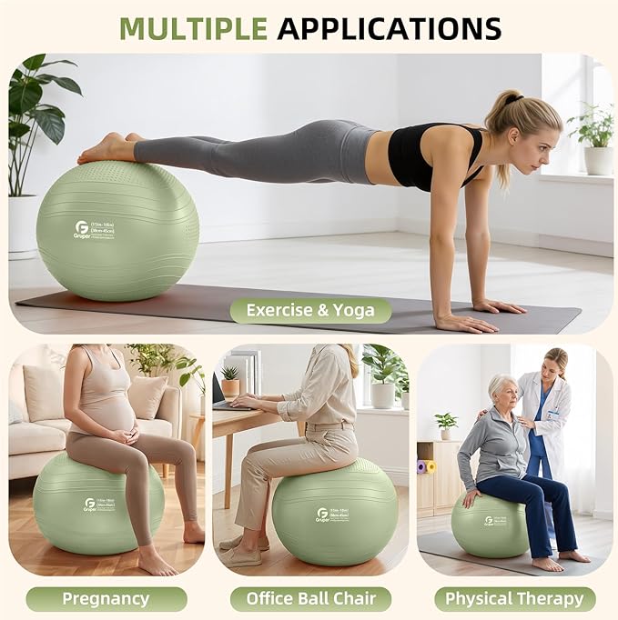 Gruper Yoga Ball, Extra Thick Non Slip Exercise Ball for Workout, Birthing, Balance, Stability, Pregnancy, 4 Sizes Anti Burst Chair for Home and Office, Includes Quick Pump & Fitness Guide