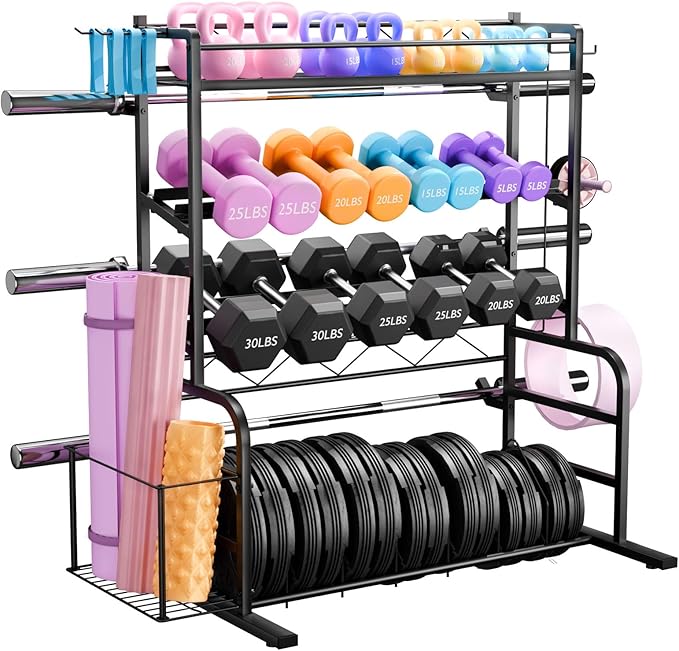 Upgraded XL Adjustable Weight Rack for Dumbbells - Barbell Holder Bumper Plate Storage Rack with 3 Olympic Bar Racks, Dumbbell Rack Weight Stand,Home Gym Storage Rack for kettlebells,Yoga Mat
