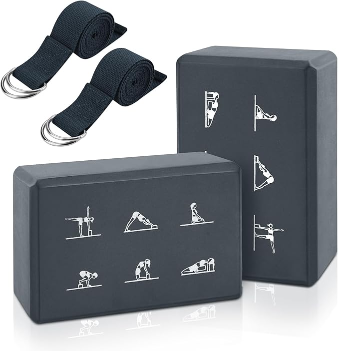 2 Yoga Block and 2 Yoga Strap Set,Non-slip EVA Foam Blocks, High Density Yoga Bricks with 6ft Strap, Supportive Latex-Free Yoga Block Accessories for Pilates