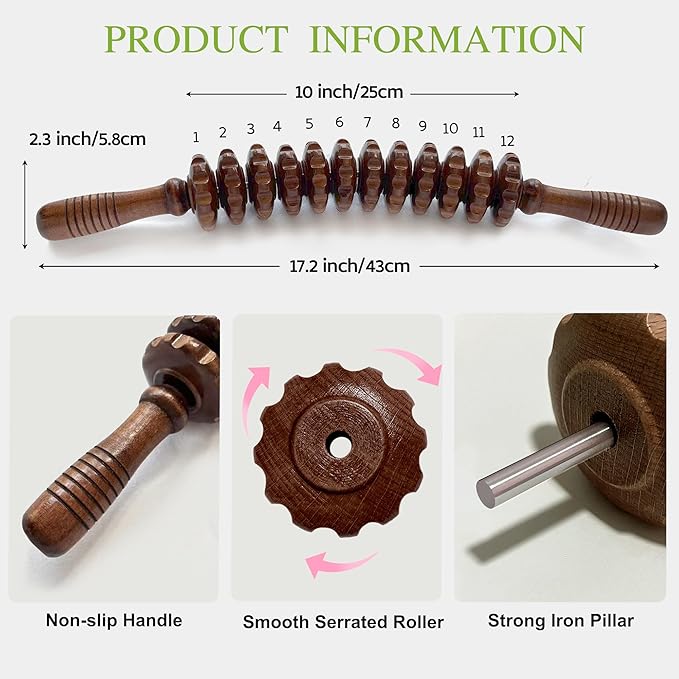 Wooden Curved Handheld Roller Massager Stick- 12 Rollers Wood Therapy Tool for Trigger Point, Fascia & Cellulite Reduction, Lymphatic Drainage, Muscle Tension Relief & Body Shaping (Brown)