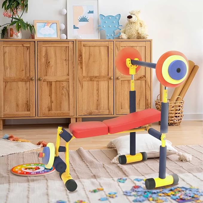 Redmon Fun & Fitness for Kids Adjustable Weight Bench Press Set w/ Barbell & Foam Weights