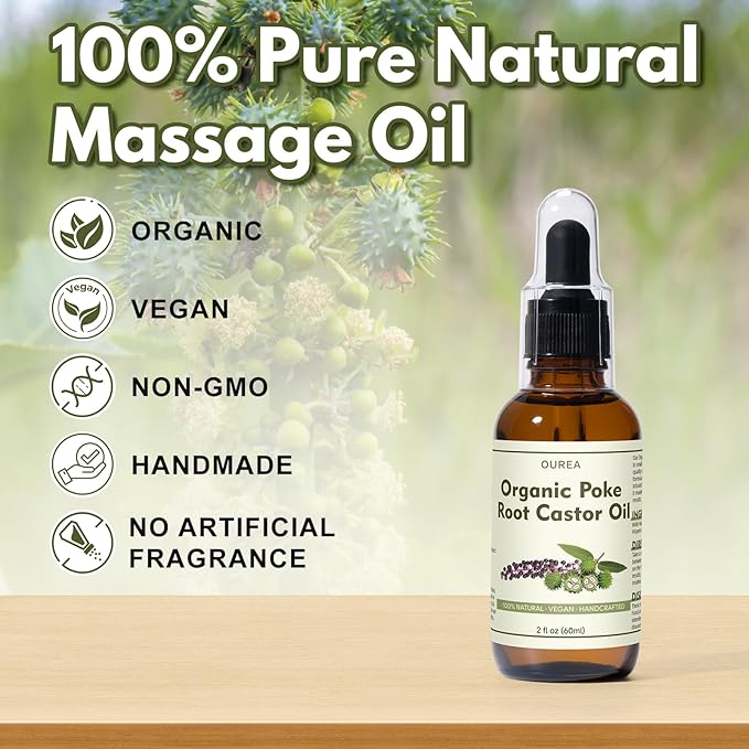 Poke Root Castor Oil Organic - 2 Fl Oz (60ML) - Lymphatic Support Massage Liquid, Natural Deep Tissue Relief Drops for Boils, Fibroids, Cysts, Swollen Lymph Nodes, Breast & Joint Health