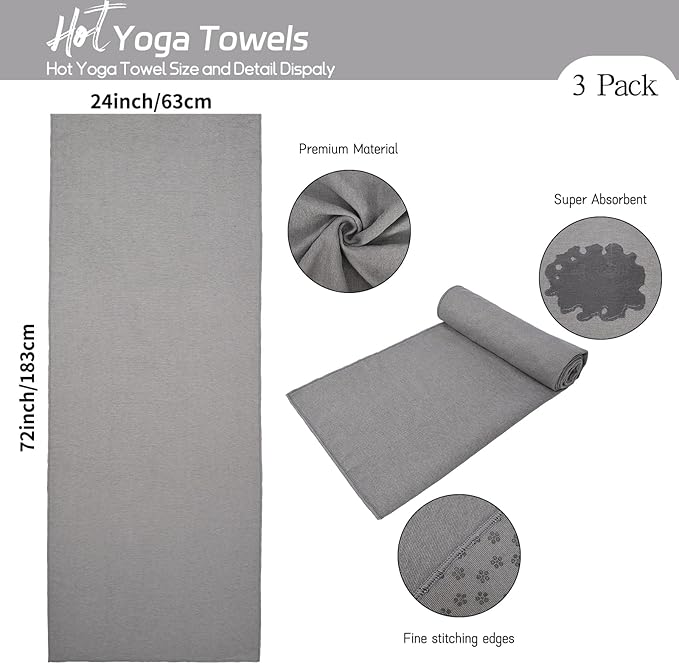 3 Pack Hot Yoga Towels with Plum Blossom Dots, Dark Grey Non-Slip Yoga Mat Towel, Super-Absorbent Soft Suede Microfiber Towel for Hot Yoga, Pilates, Bikram and Exercise Workout(24" x72",Dark Grey)