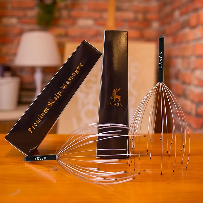 USAGA 20 Fingers Head Massager Scalp Massager Head Scratcher Extendable Back Scratcher, Stocking Stuffers Gift for Scalp Body Relaxing (Black)