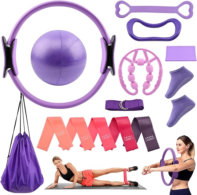 Pilates Essentials Kit for Women, 14 Pcs Pilates Equipment for Home Workouts with Yoga Circle Ball Ring, 5 Resistance Bands,Pedal Puller Resistance Band