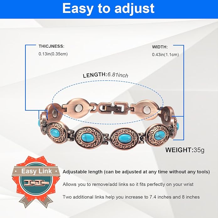 Copper Bracelets for Women, Pure Copper with Colored Turquoise Bracelet, 3500 Gauss Magnets, Fashion Jewelry（FUTI-1）