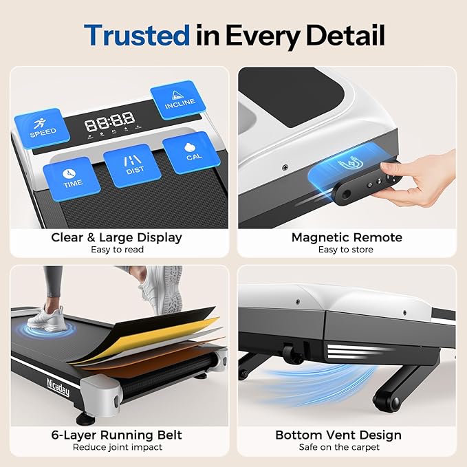 Niceday Walking Pad Treadmill with 10% Auto Incline, 400lbs Capacity, Under Desk Treadmill for Home Office, 16.5" Widened Running Belt, 3HP Super Quiet Brushless, Magnetic Remote & Preset Goals