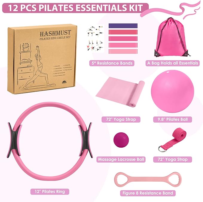 HASHMUST Pilates Ring Kit 12 PCS for Women, Home Workout Equipment with Magic Circle, Mini Exercise Ball, Resistance Bands, Massage Lacrosse, Yoga Strap, Full-Body Fitness Set for Toning & Gift