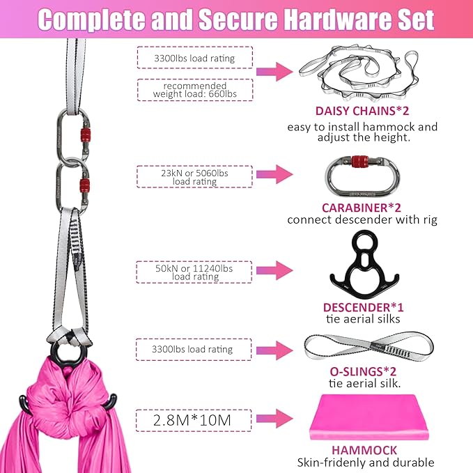 Aerial Silks Kit & Aerial Yoga Hammock - 11Yd Premium Fabric with Hardware - Easy Setup for Flying Yoga, Aerial Swing & Fitness - Supports Up to 14ft Rigging