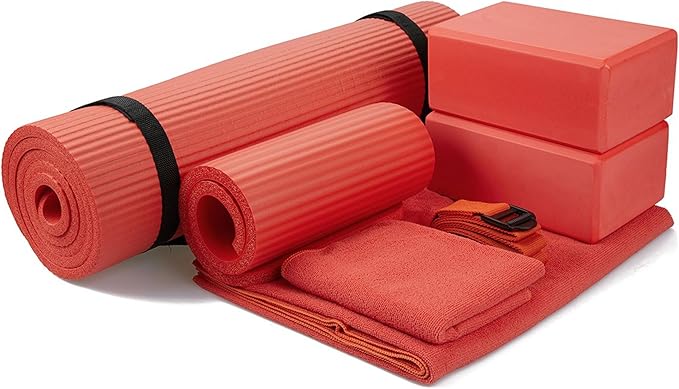 BalanceFrom 7-Piece Yoga Set with 71x24x0.5 Inches Extra Thick Mat and Carrying Sling – Includes 2 Blocks, Stretch Strap, 2 Towels, and Knee Pad for Home, Studio, and Gym Workouts