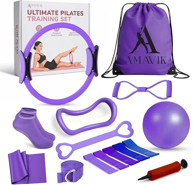 AMAVIK Pilates Kit 15-Pieces Home Workout Set with 5 Resistance Bands, Pilates Ring and Ball Set with Accessories-A Complete Pilates Set for Women to Improve Strength, Flexibility and Balance Body