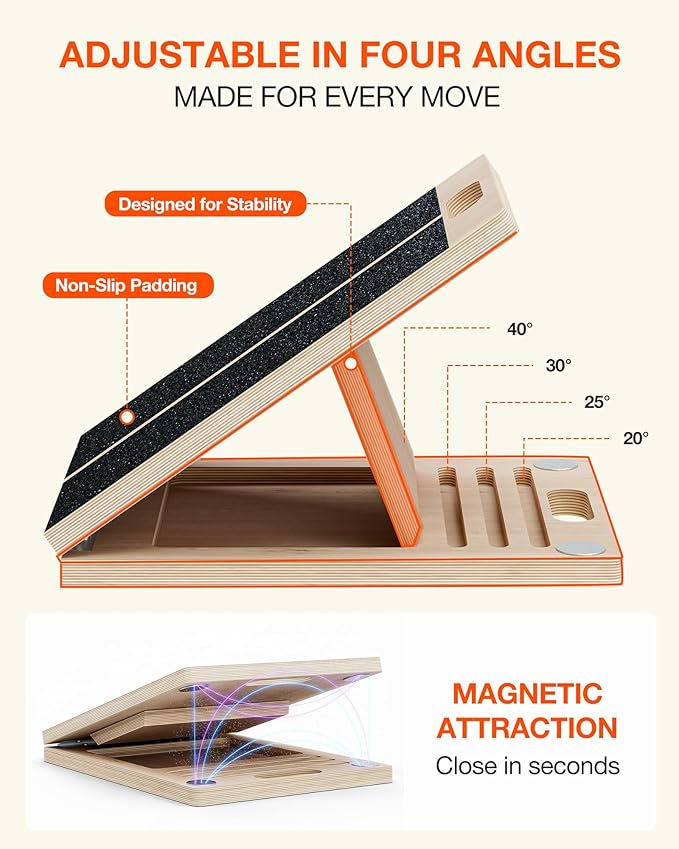 Frylr Portable Wooden Slant Board for Calf Stretching and Exercise, Adjustable Incline Wedge for Squats and Balance, Ankle, Knee and Heel Support, Professional Physical Therapy Equipment,Wood